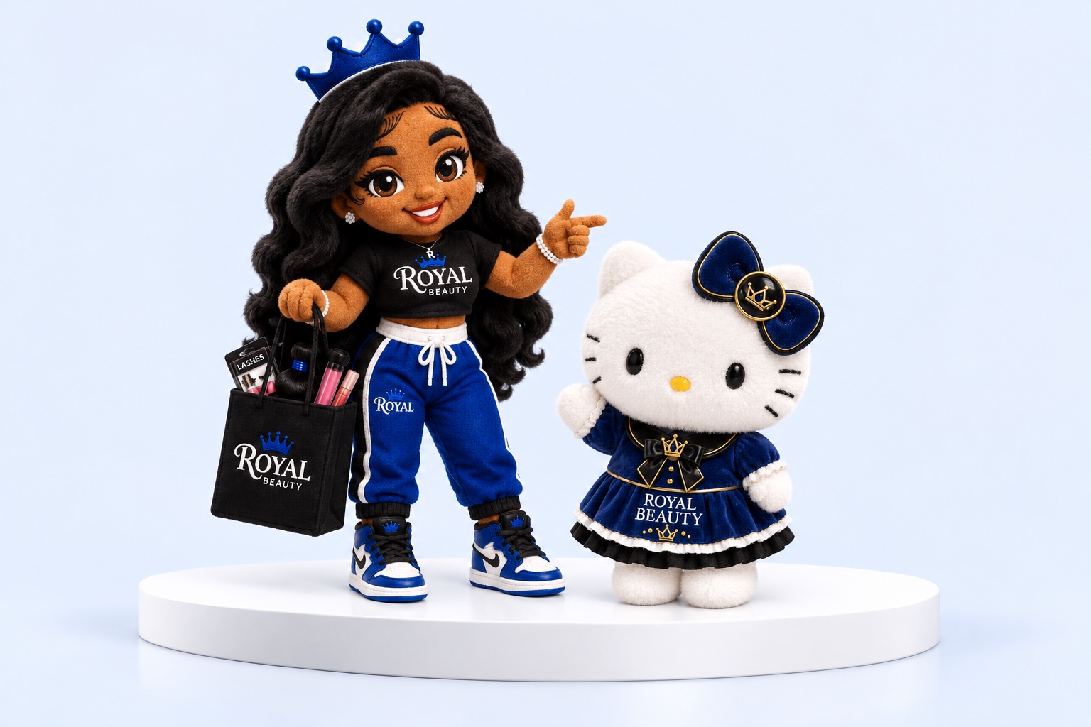 Royal Beauty’s crowned girl and white cat characters, dressed in signature royal blue