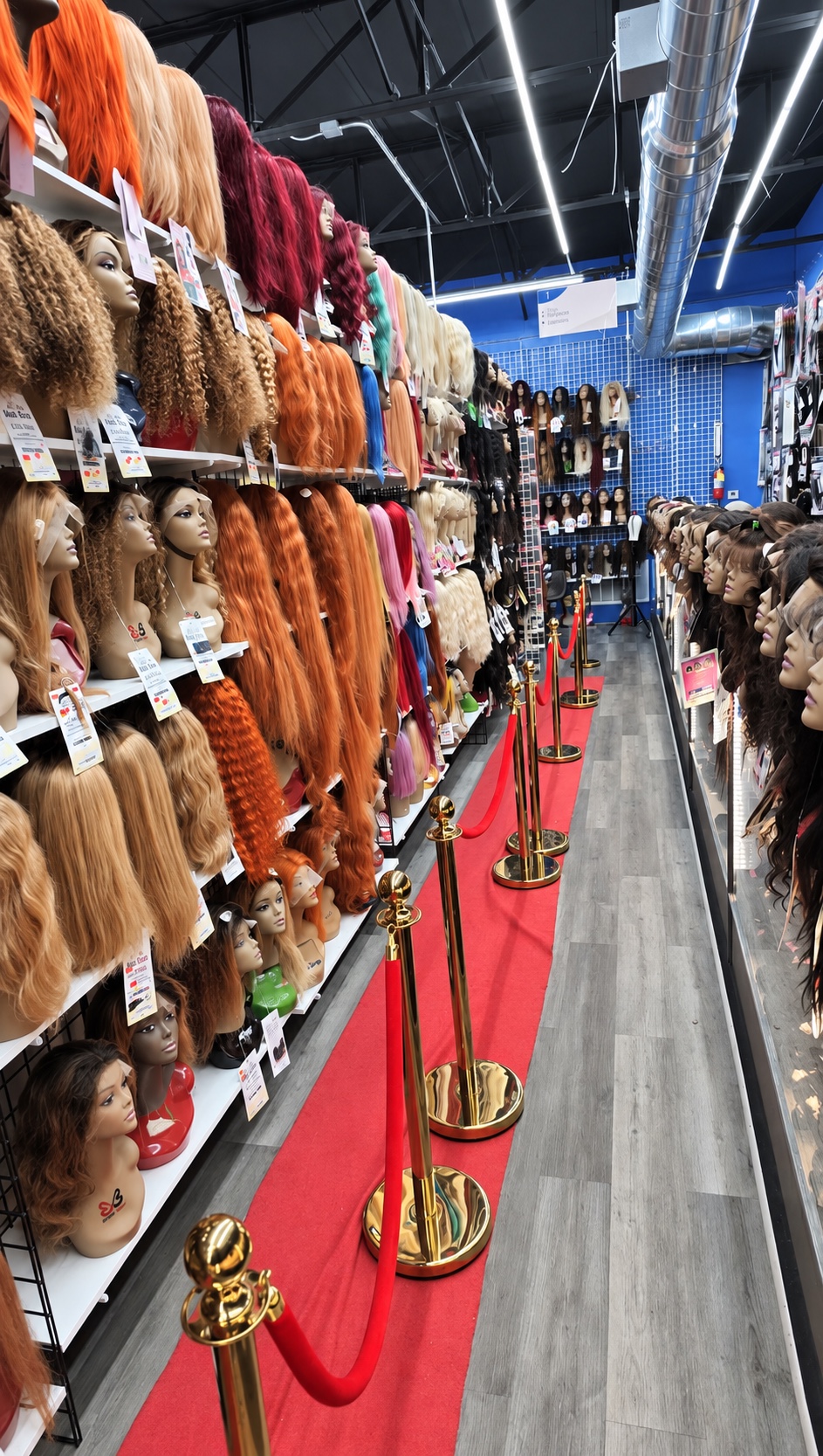 Royal Beauty’s wig aisle with colorful styles and a red carpet